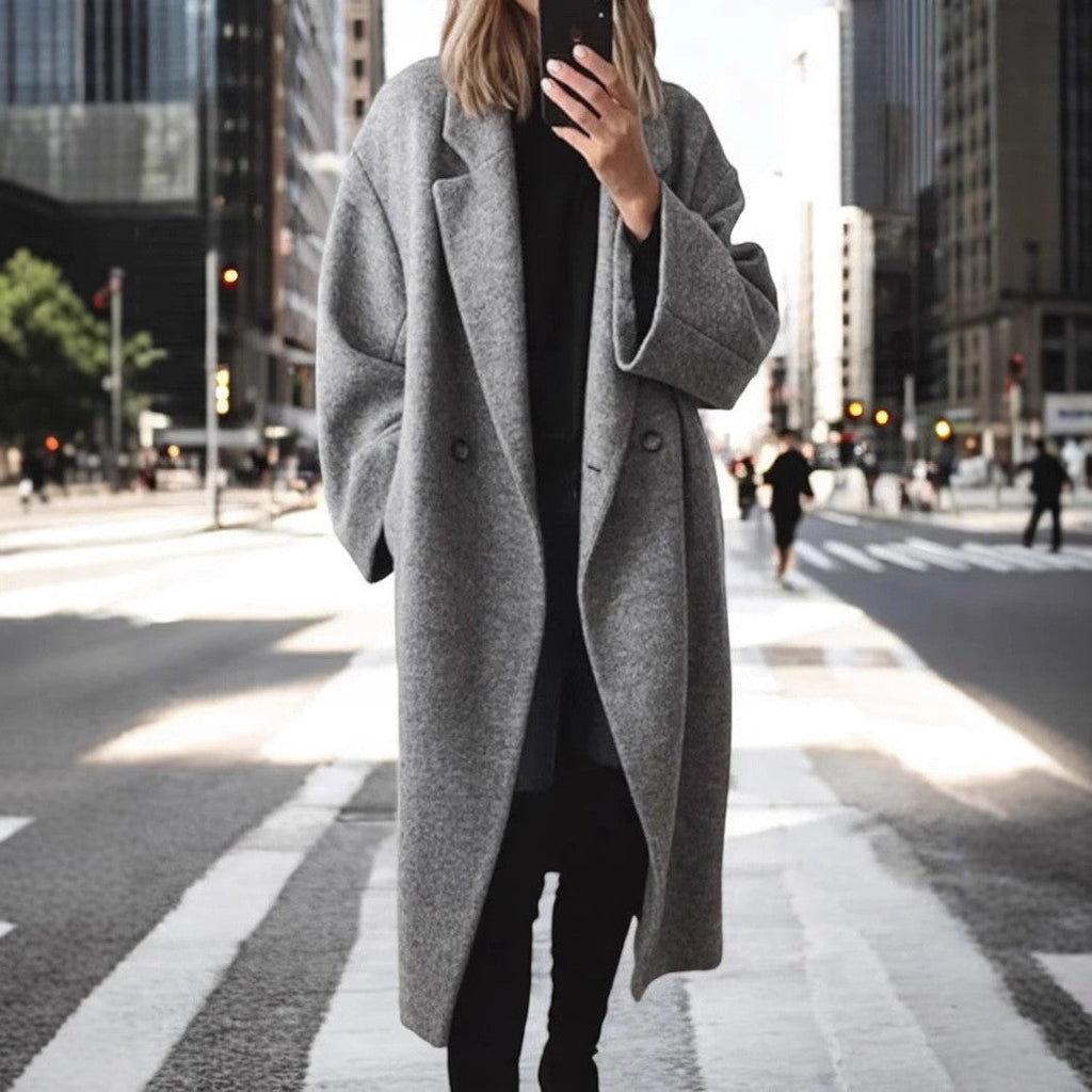 Damen klassischer Oversized-Mantel mit doppeltem Knopfverschluss und breitem Revers EB