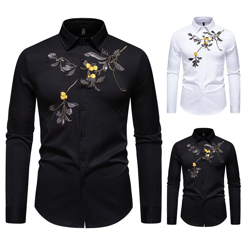 Herren elegantes Langarmhemd mit floraler Stickerei EB