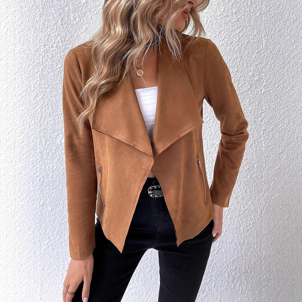 Damen elegante Veloursjacke mit asymmetrischem Revers und Reißverschlusstaschen EB