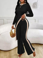 Damen nan eleganter Rippen-Jumpsuit mit asymmetrischer Wickeloptik, taillierendem Cut-Out und kontrastierenden Seitenstreifen EB
