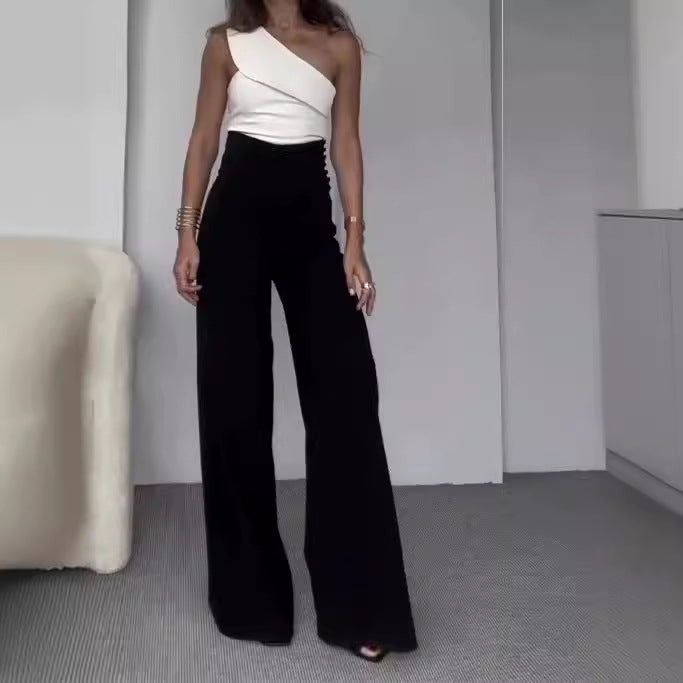 Damen Einseitiger Jumpsuit mit weitem Bein und dekorativem Ausschnitt EB