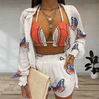 Damen modisches Strand-Ensemble mit luftiger Bluse und Bikini-Set EB