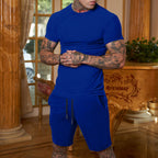 Herren nan schlankes Jersey-Set mit Rundhalsshirt und elastischer Tunnelzug-Shorts EB
