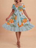 Damen A-Linien-Kleid mit floralen Motiven und taillierbarem Gürtel EB