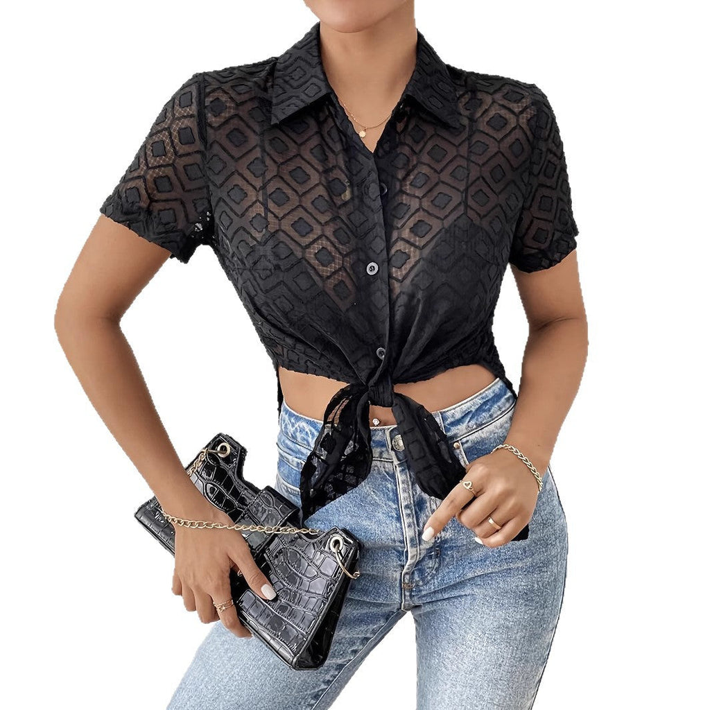 Damen Kurzarmhemd mit geknotetem Design und transparenter Struktur EB