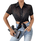 Damen Kurzarmhemd mit geknotetem Design und transparenter Struktur EB