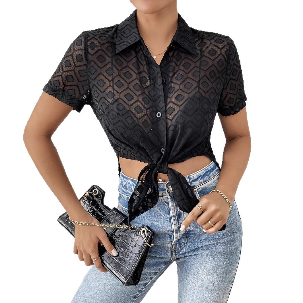Damen Kurzarmhemd mit geknotetem Design und transparenter Struktur EB