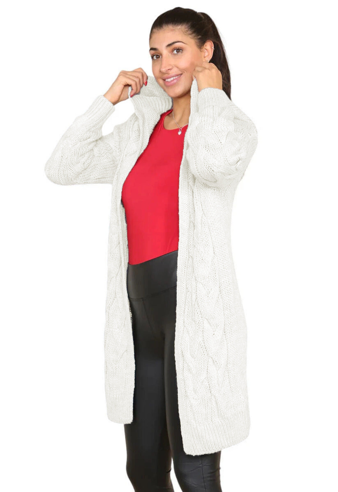 Damen Langer Strickmantel mit elegantem Zopfmuster und Kapuze EB