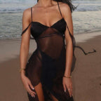 Damen transparenter Maxi-Strandanzug mit asymmetrischem Schnitt und Rüschen EB