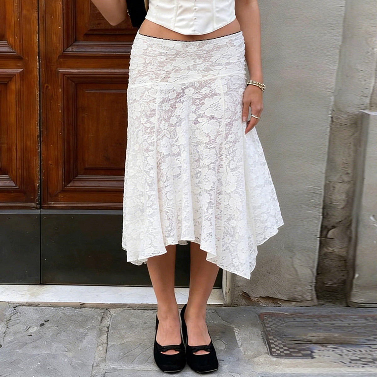 Damen eleganter Spitzenrock mit asymmetrischem Schnitt EB