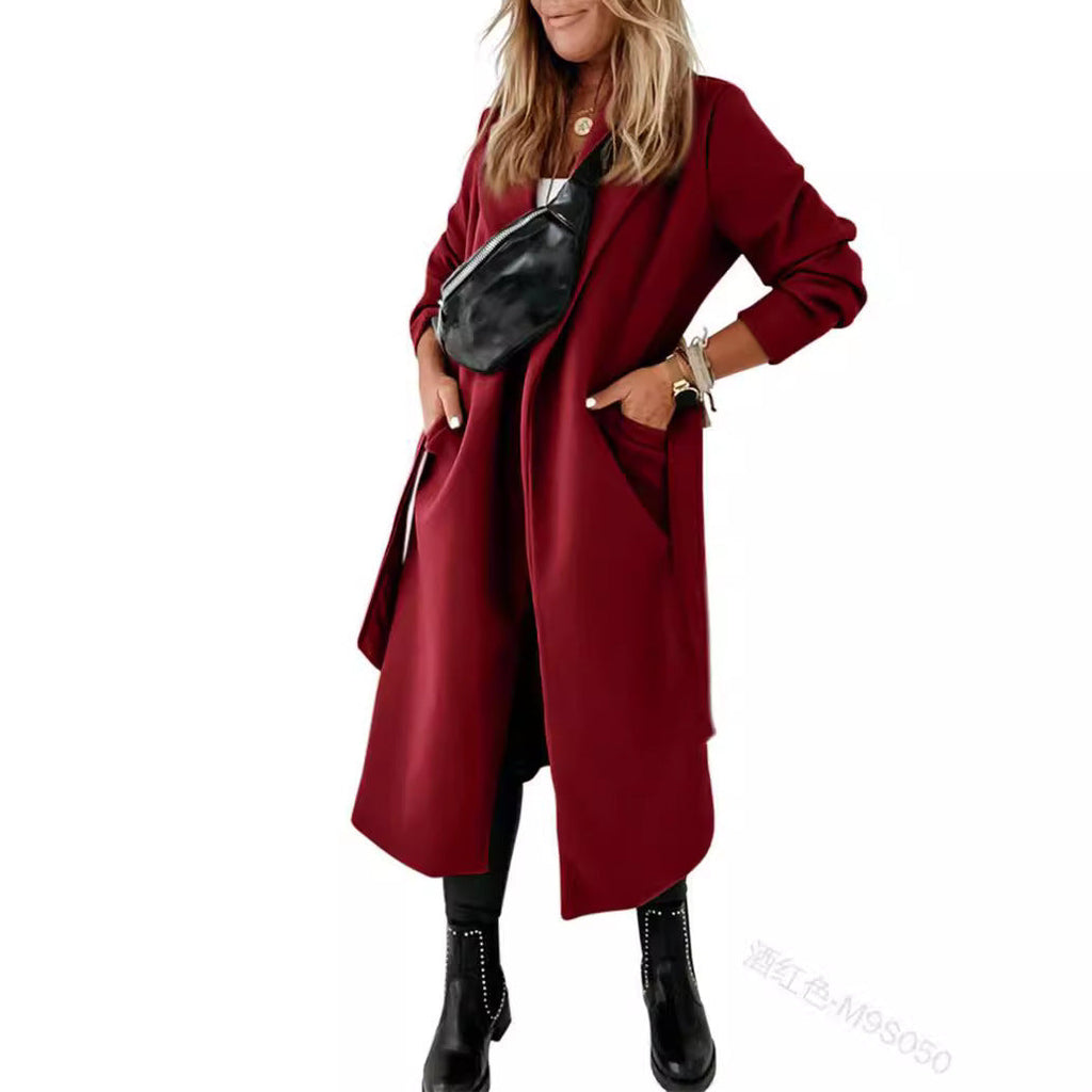 Damen Eleganter und gemütlicher Mantel mit Gürtel und Taschen EB