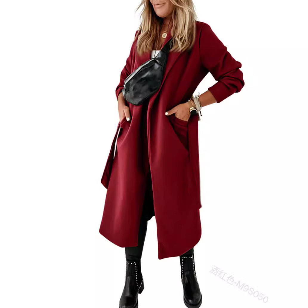 Damen Eleganter und gemütlicher Mantel mit Gürtel und Taschen EB