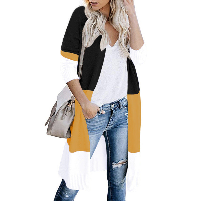 Damen langer Strickmantel mit modernen Farbblock-Details EB