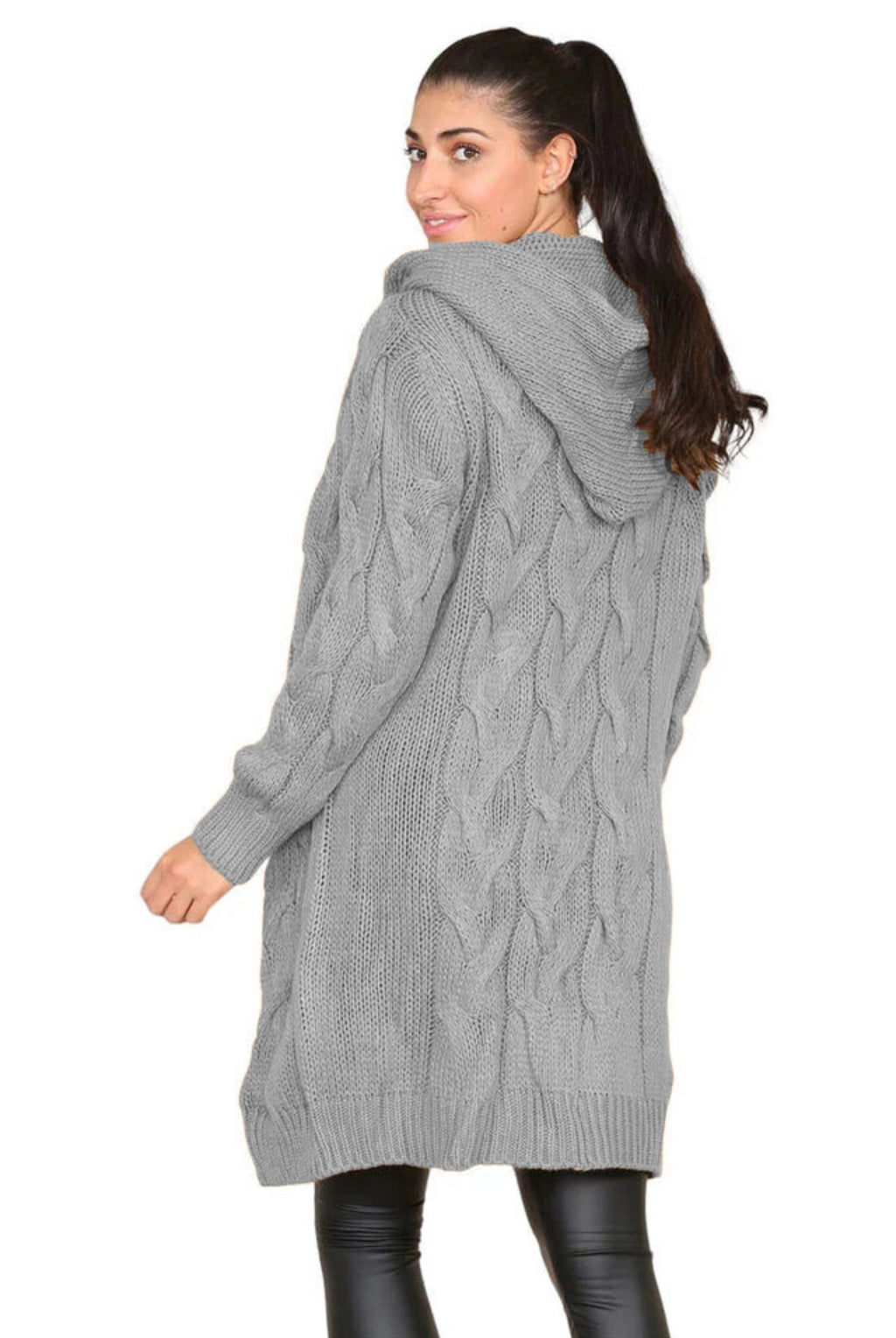 Damen Strickmantel mit Kapuze und kunstvollem Zopfmuster EB
