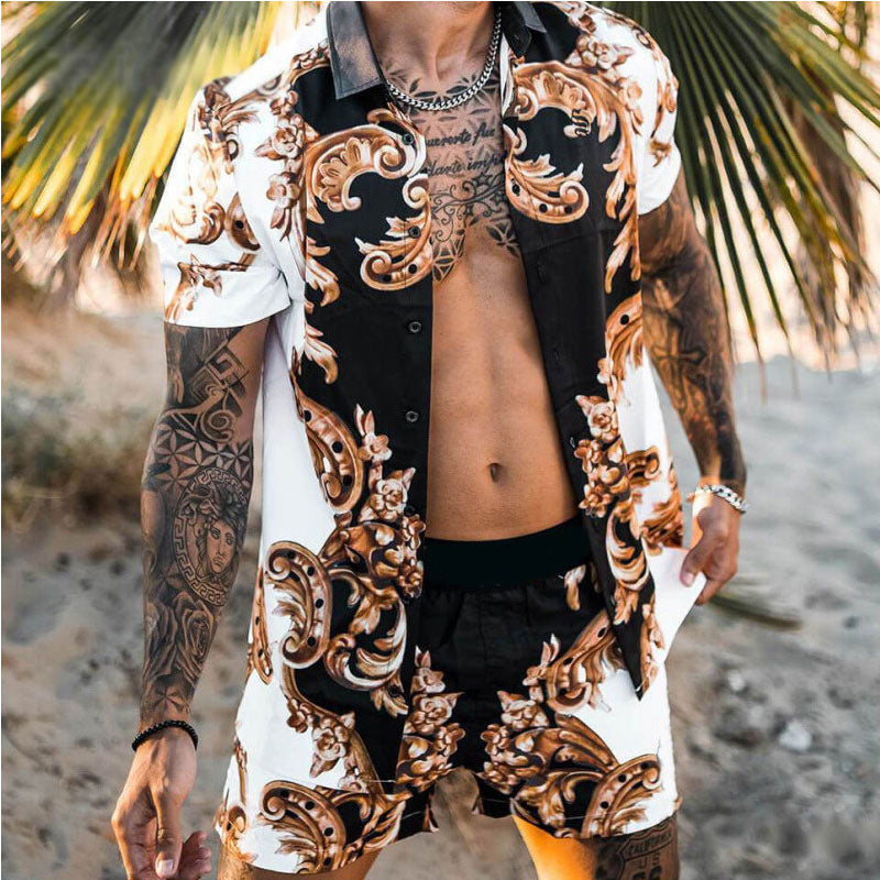 Herren Set: Kurzarmhemd mit Barockmuster und passende Shorts