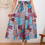 Damen Maxirock mit buntem Patchwork-Design und Taillengürtel EB