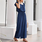 Damen-Crinkle-Jumpsuit mit weitem Bein, elastischem Bund und gerüschten Ärmeln