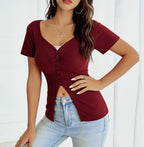 Damen figurbetontes Kurzarmshirt mit Knopfleiste EB