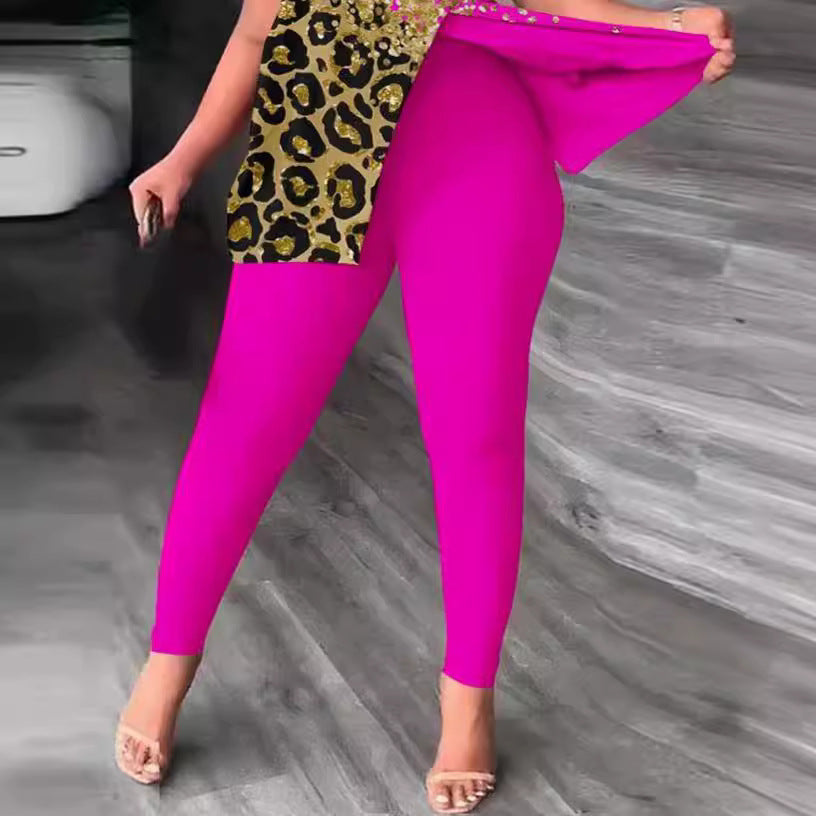 Damen Einseitig schulterfreier Jumpsuit mit animalischem Druck und Glitzerakzenten EB