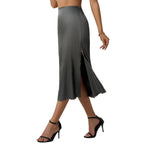 Damen eleganter Satin-Midirock mit fließendem Schnitt und hohem Bund EB