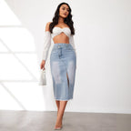 Damen Denim-Midi-Rock mit hohem Schlitz und ausgefranstem Saum EB