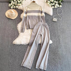 Damen modisches Strick-Loungewear-Set mit hohem Kragen und breiten Streifen EB