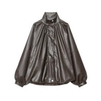 Damen Kunstlederjacke mit voluminösen Ärmeln und gewelltem Design EB
