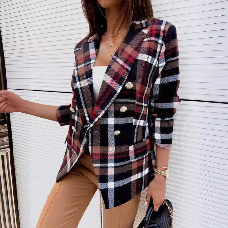 Damen Karierter Blazer mit doppelter Knopfleiste und schickem Schnitt EB
