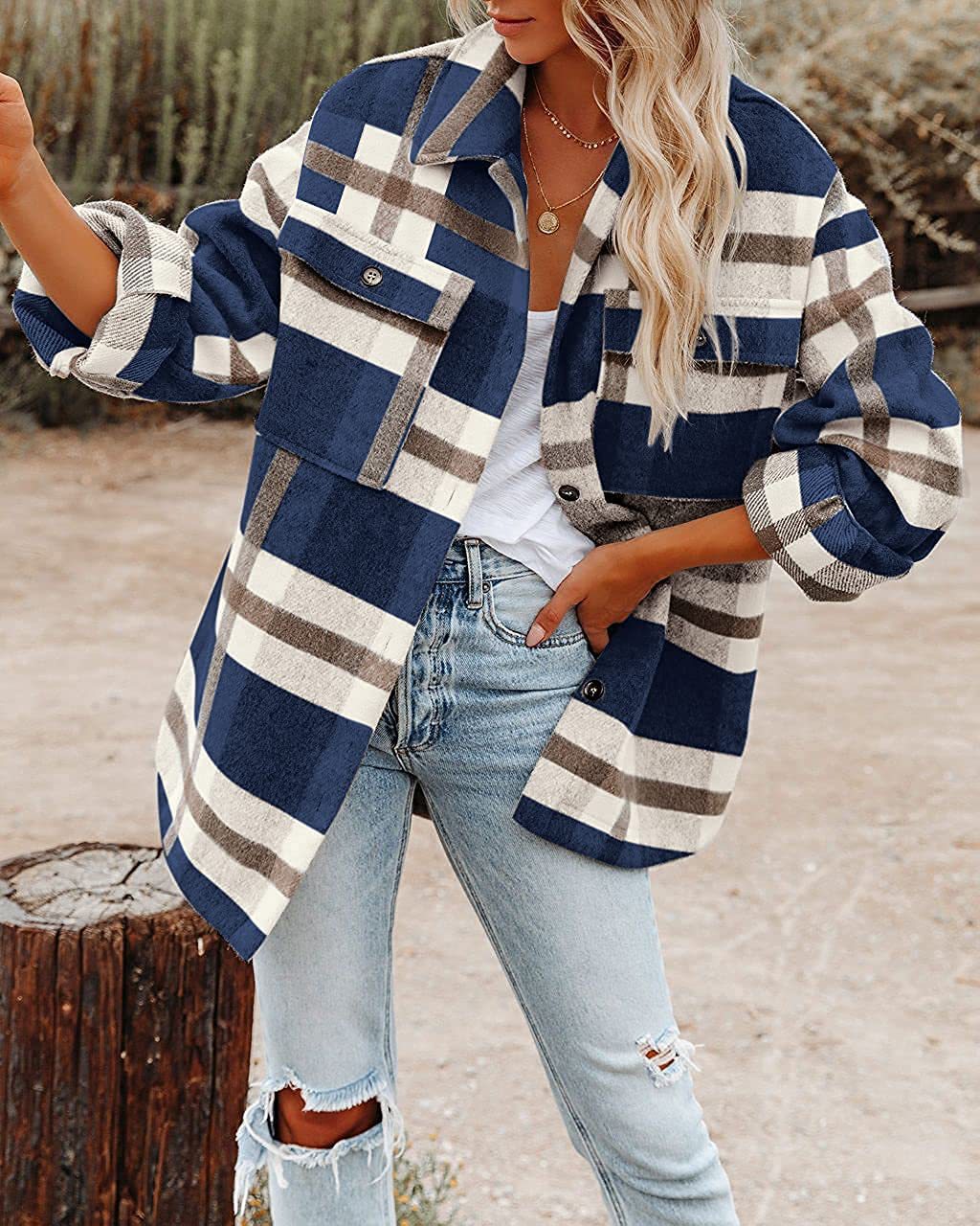 Damen Flanell Overshirt mit kariertem Muster und praktischen Brusttaschen EB
