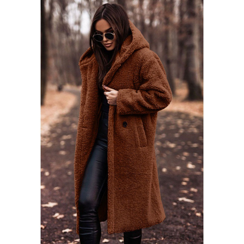 Damen kuscheliger Fleece-Mantel mit Kapuze und praktischen Taschen EB
