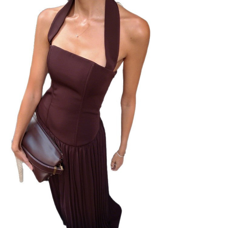 Damen Elegantes Maxikleid mit Rückenausschnitt und plissiertem Rock EB
