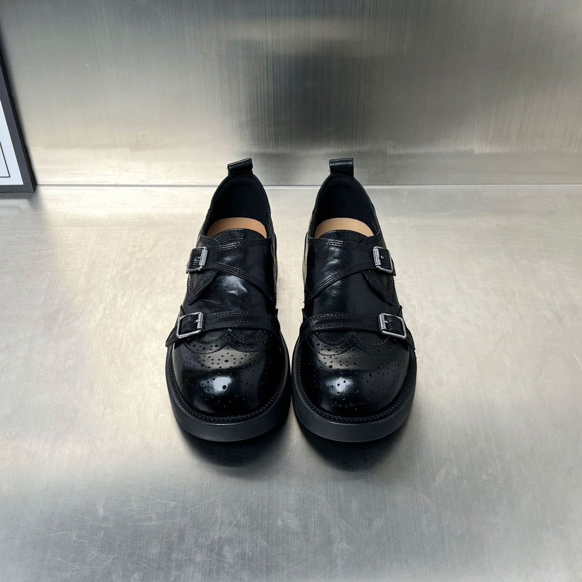 Damen elegante Doppel-Schnallen-Mokassins mit klassischem Broguemuster EB