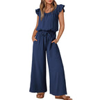 Damen-Crinkle-Jumpsuit mit weitem Bein, elastischem Bund und gerüschten Ärmeln