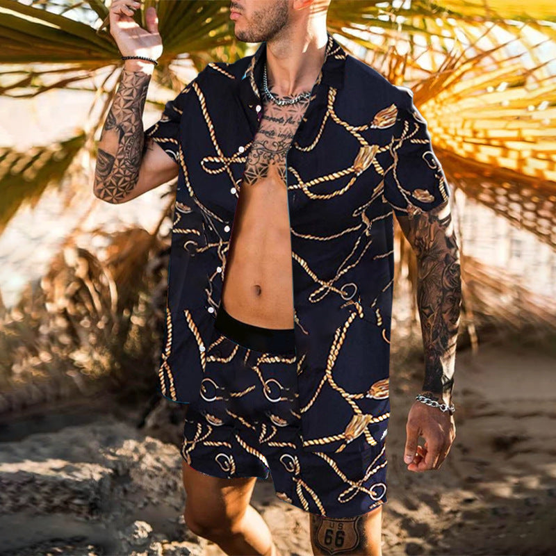Herren Set: Kurzarmhemd mit Barockmuster und passende Shorts