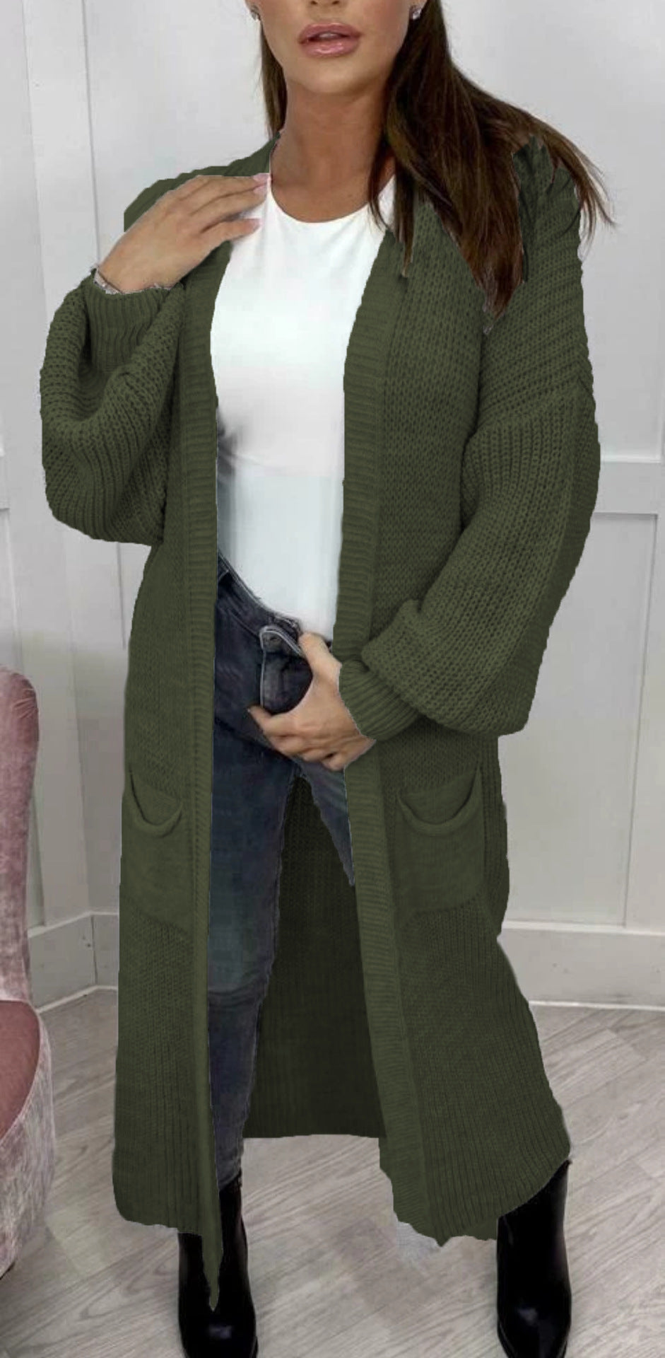 Damen Grobstrick-Cardigan im romantischen Design mit offenen Ärmeln EB