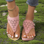 Damen Bequeme Zehentrenner-Sandalen mit Perlenschmuck und anatomischem Fußbett EB