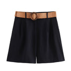 Damen elegante Shorts mit breitem, geflochtenem Gürtel EB