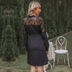 Damen Elegantes Hemdblusenkleid mit Spitzenärmeln und taillierbarem Gürtel EB