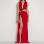 Damen Elegantes Cut-Out Maxikleid mit raffinierten Drapierungen und hohem Schlitz EB