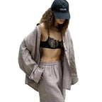 Damen lässiges Leinen Set mit lockerer Bluse und Shorts EB