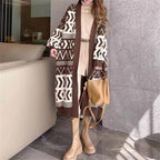 Damen Long Cardigan mit grafischem Design und tiefen Taschen EB