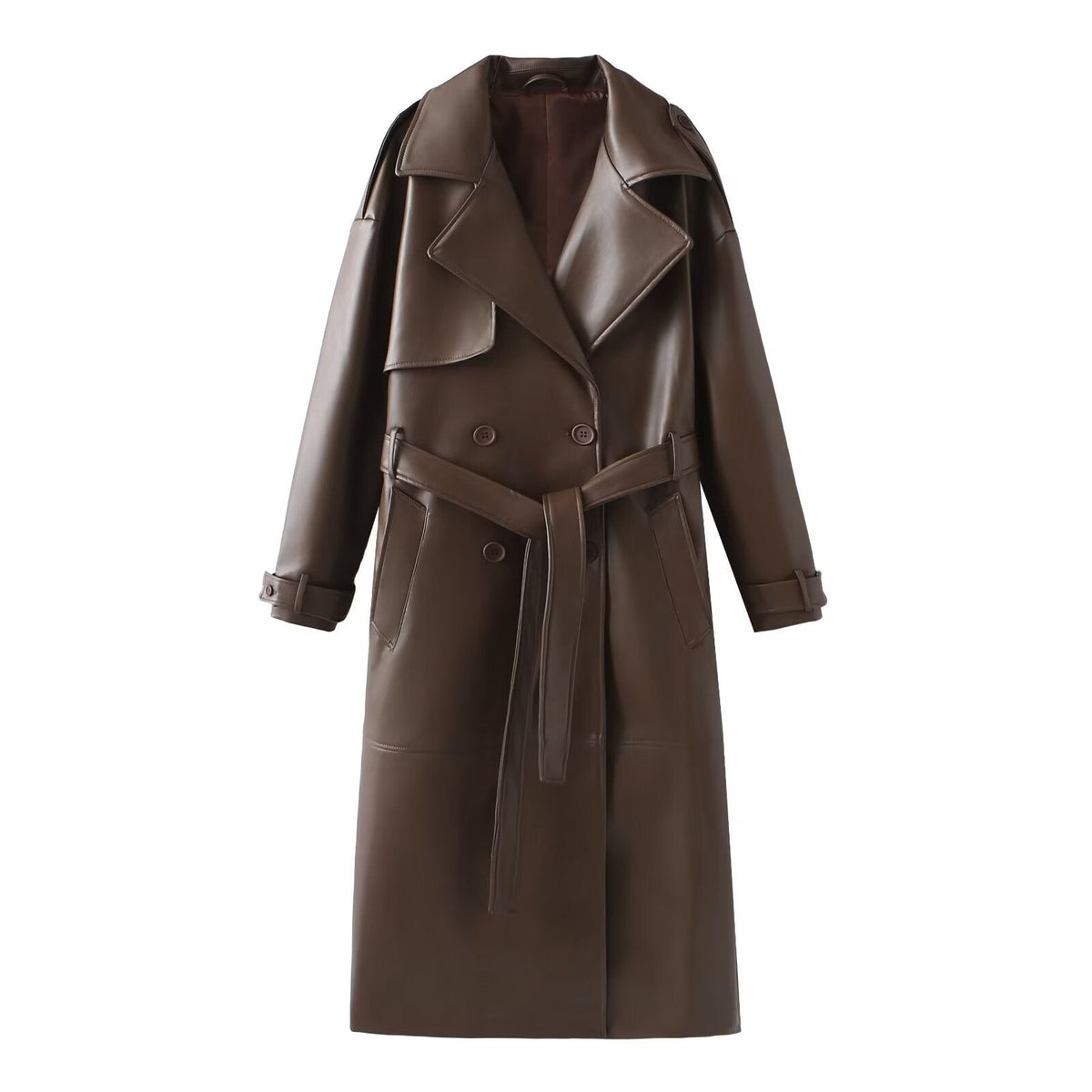 Damen Kunstleder-Trenchcoat mit modischem Schnitt und praktischen Taschen EB