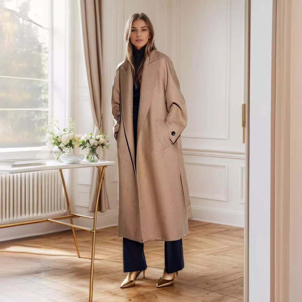 Damen eleganter Wollmantel mit Gürtel und weit geschnittenen Ärmeln EB
