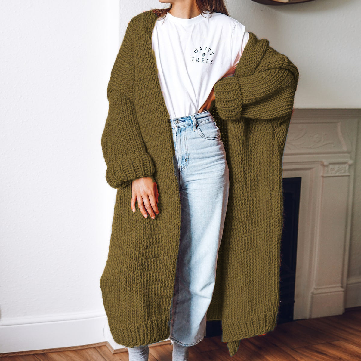 Damen Grobstrickmantel mit offenen Fronten und tiefen Taschen EB