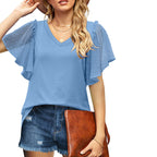 Damen V-Ausschnitt Bluse mit transparenten Rüschenschultern EB