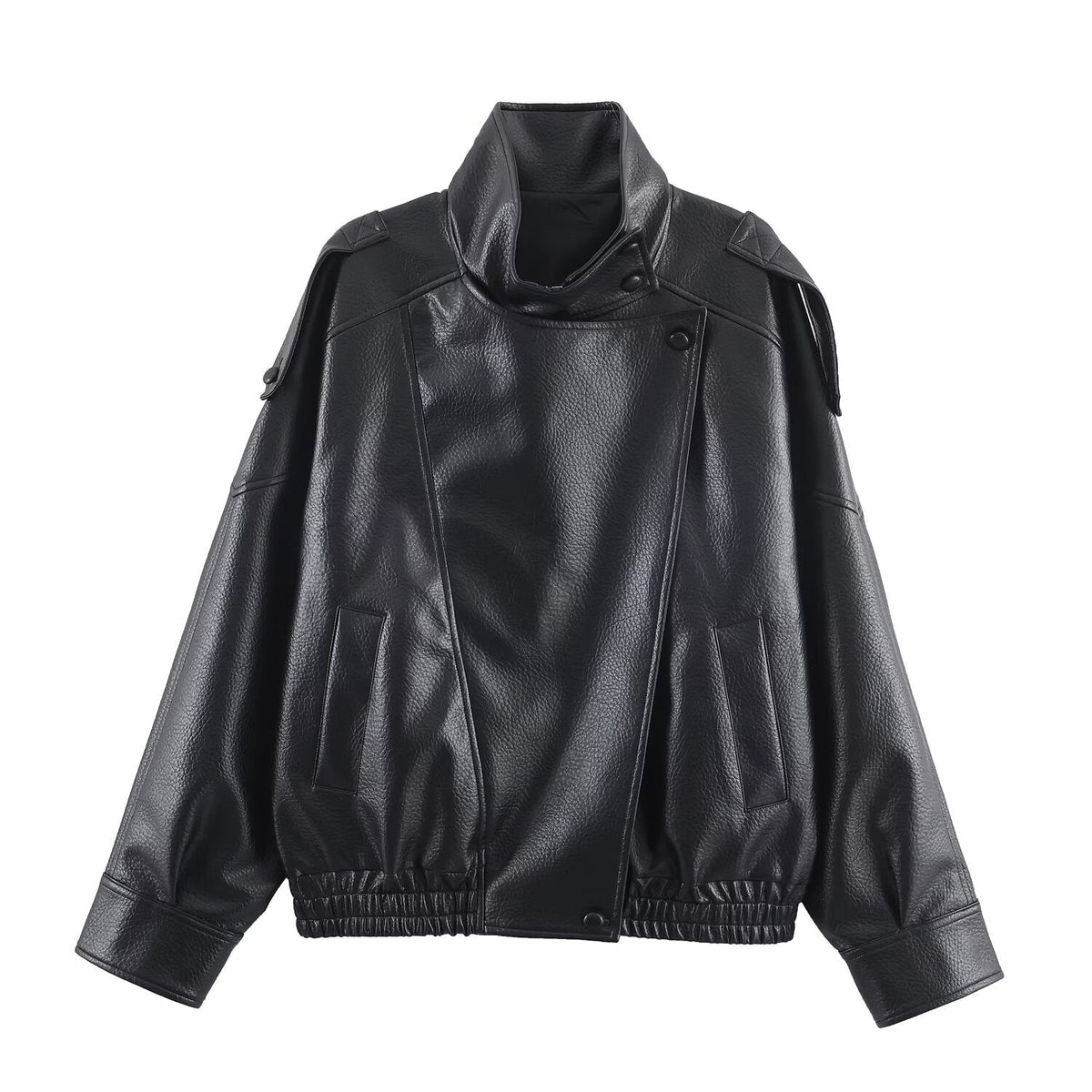 Damen Kunstlederjacke im modernen Design mit hochgeschlossenem Kragen und praktischen Taschen EB