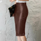 Damen Figurbetonter Kunstlederrock mit hoher Taille und Schlitz EB