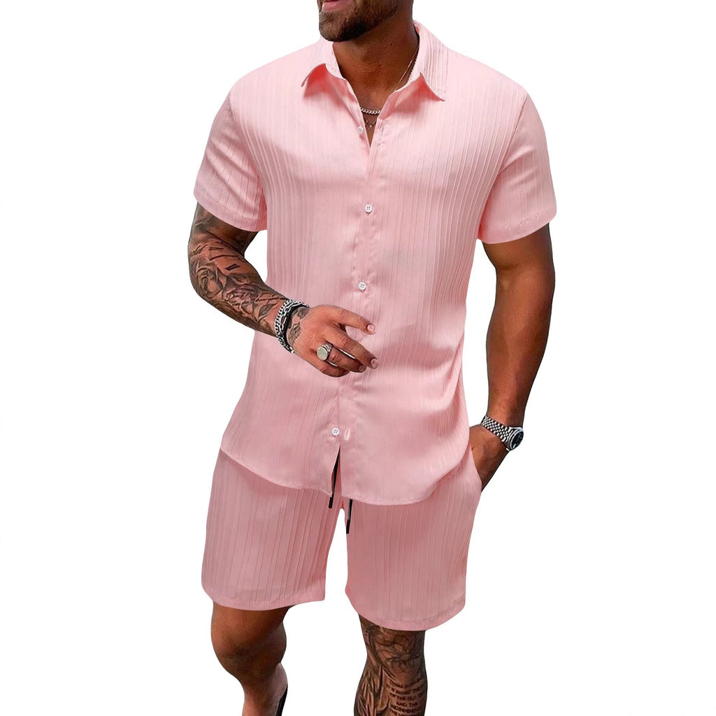 Leichtes Herren-Kurzarmhemd mit offenem Kragen und passender Shorts aus strukturiertem Baumwollmix