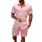 Leichtes Herren-Kurzarmhemd mit offenem Kragen und passender Shorts aus strukturiertem Baumwollmix