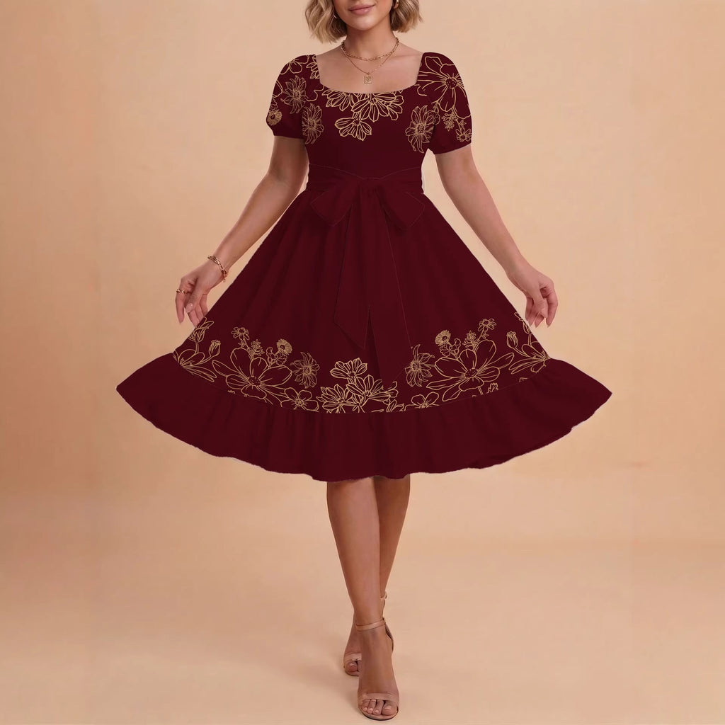 Damen A-Linien-Kleid mit floralen Motiven und taillierbarem Gürtel EB